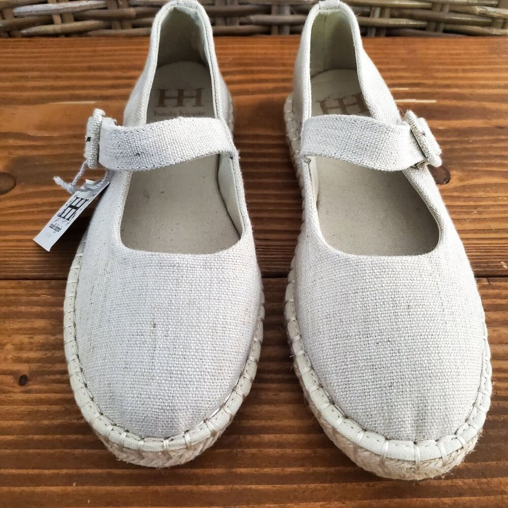 Haute Hippie Cecily Linen Mary Jane Flats Beige Textile Upper BoHo Burlap 7.5